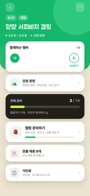 캠핑 허브 — 멤버·준비 현황
